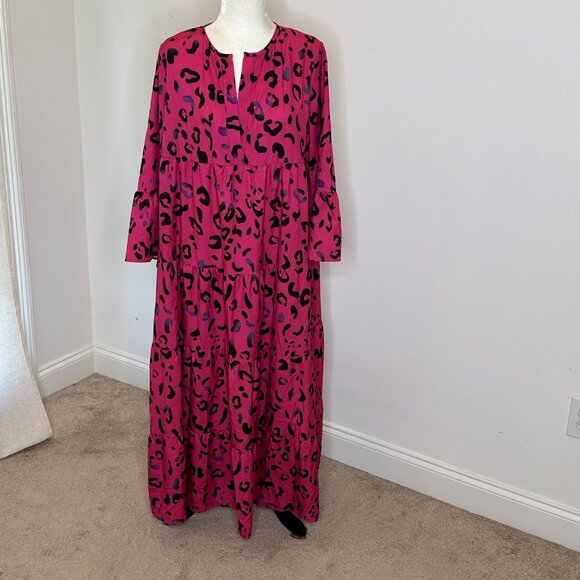 Pink Leopard Maxi Dress XL Long Sleeve Tiered Flowing Boho Style Office Work - Picture 7 of 16